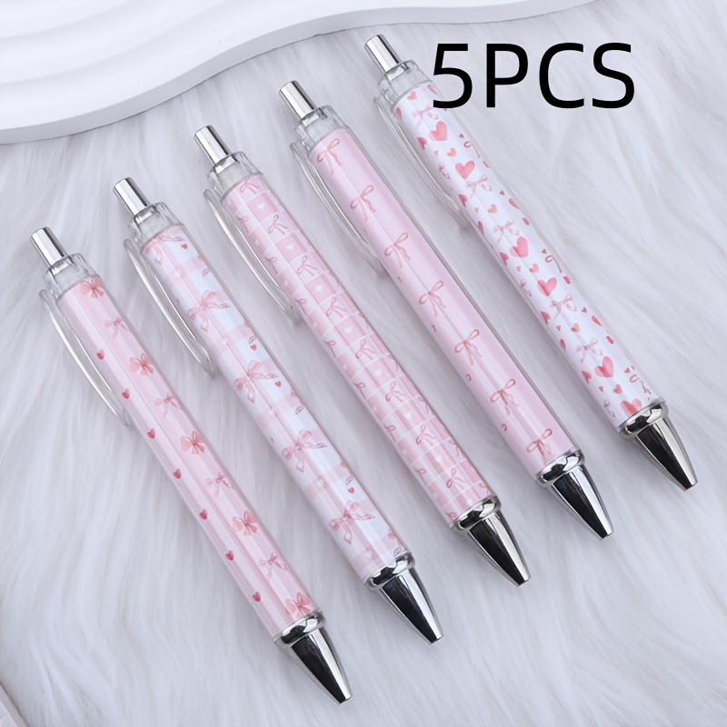 Image of 5pcs Cute Pink Bow Heart Retractable Ballpoint Pens, Aesthetic Kawaii Stationery Supplies, Smooth Writing Pretty Girl School Office Daily Use Black Ink Pens