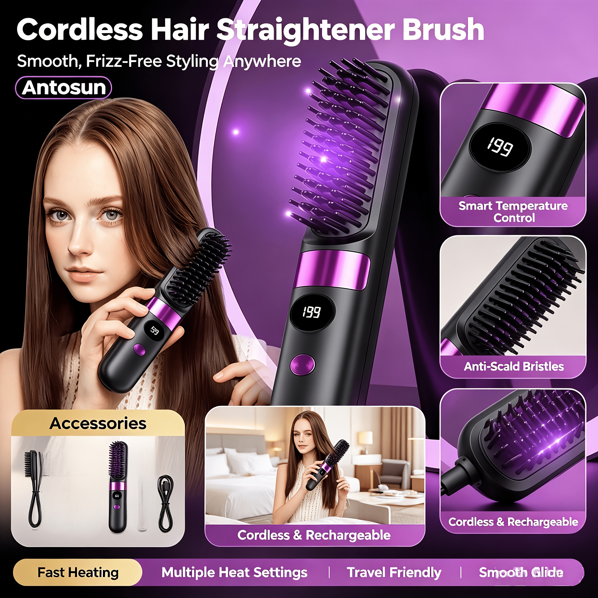 TEMU Brosse Lisseuse à Cheveux Fil, Double Usage pour Lisser et Boucler les Cheveux, Chauffage et Coiffage Rapides, Convient à Tous Types de Cheveux,