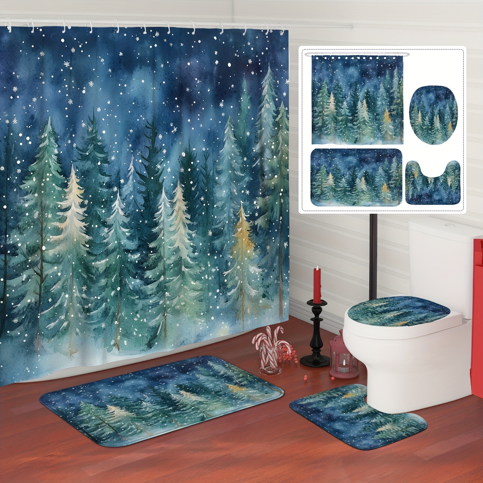 

Christmas Winter Scene Forest Shower Curtain Set With Non-slip Rugs, U-shape Toilet Lid Cover, And Machine Washable Polyester Curtain, Water-resistant, With 12 Hooks - Holiday Green Decor