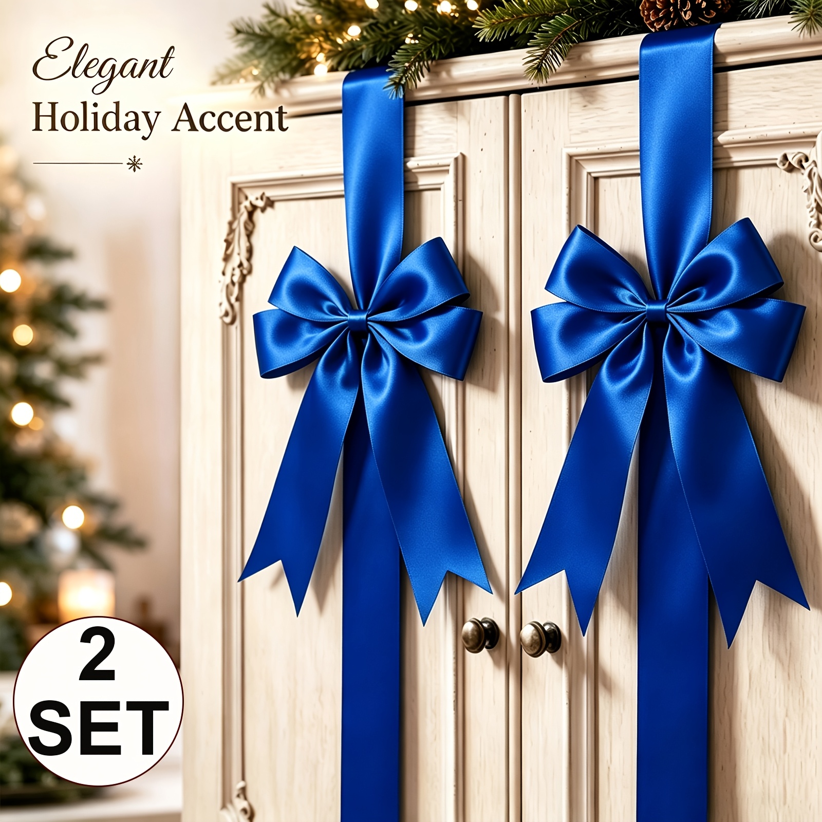 TEMU 2set Christmas Cabinet Bows With Ribbons Decoration For Kitchen | Large Christmas Door Ribbon Cabinet Bows Locker Includes Double-sided Tape For