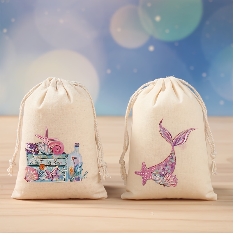 

6pcs Mermaid Themed Linen Gift Bags With Drawstring - Birthday Party Favors, Snack & Candy Packaging