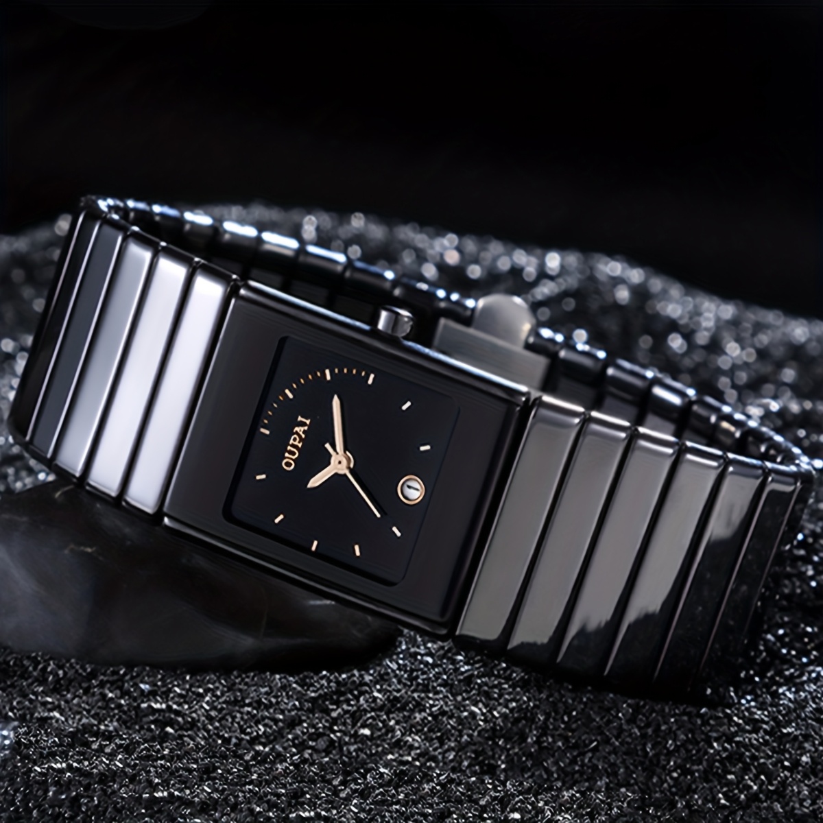 Oupai Men's Square Dial Watch with Ceramic Strap, 27mm Rectangular Wristwatch Featuring Bar Indexes, Calendar Display, Simple Casual Style Suitable for Daily Wear