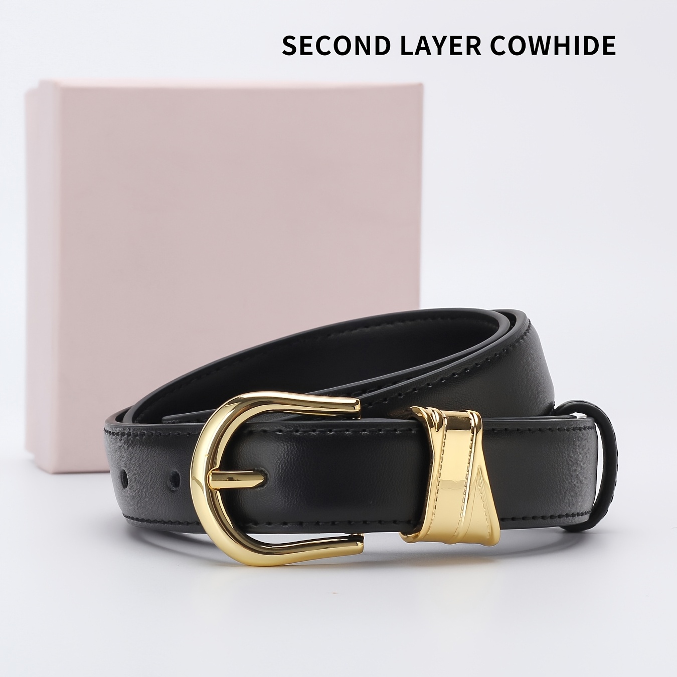 TEMU 1pc Women's Split Leather Belt Soft Golden Fashion Hardware All-match Jeans Trousers Dress Suitable With Exquisite Gift Box (please Check Size