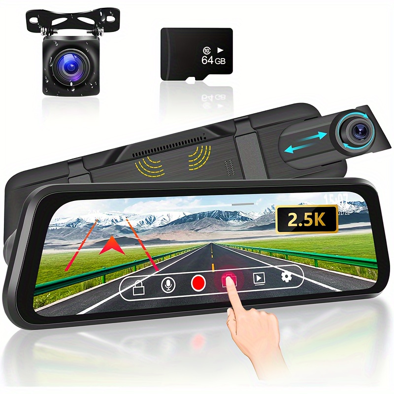 

Rear View Mirror Camera With 64g Tf Card, 9.66 Inch Front And Rear, 2.5k Ips Touch Screen Loop Recording// 24h Parking Monitor/ 150°+ 120° Wide /night Vision, Without Battery