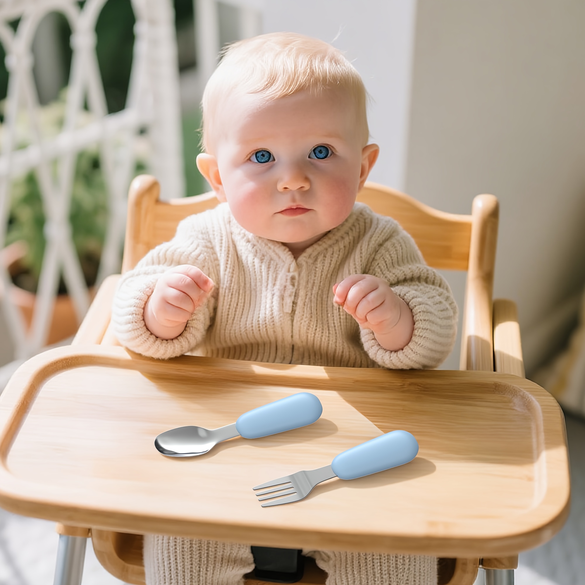 Set of 2 Stainless Steel Baby Forks and Spoons with Silicone Handles for Easy Gripping, Dishwasher Safe
