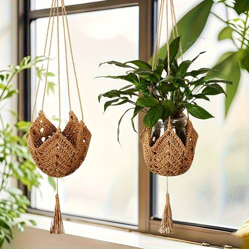 bohemian lace plant hanger featuring tassels made from durable cotton rope crochet suitable for indoor and outdoor gardens this textured lace wall basket with hooks