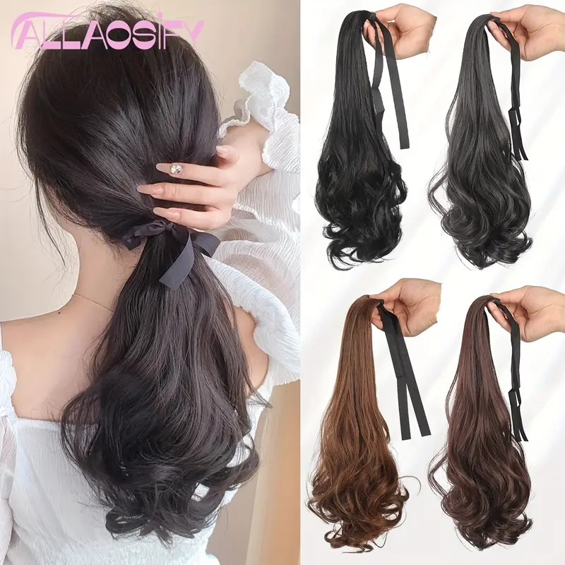a wavy hairpiece with a braided design that curls around a womans ponytail details 1