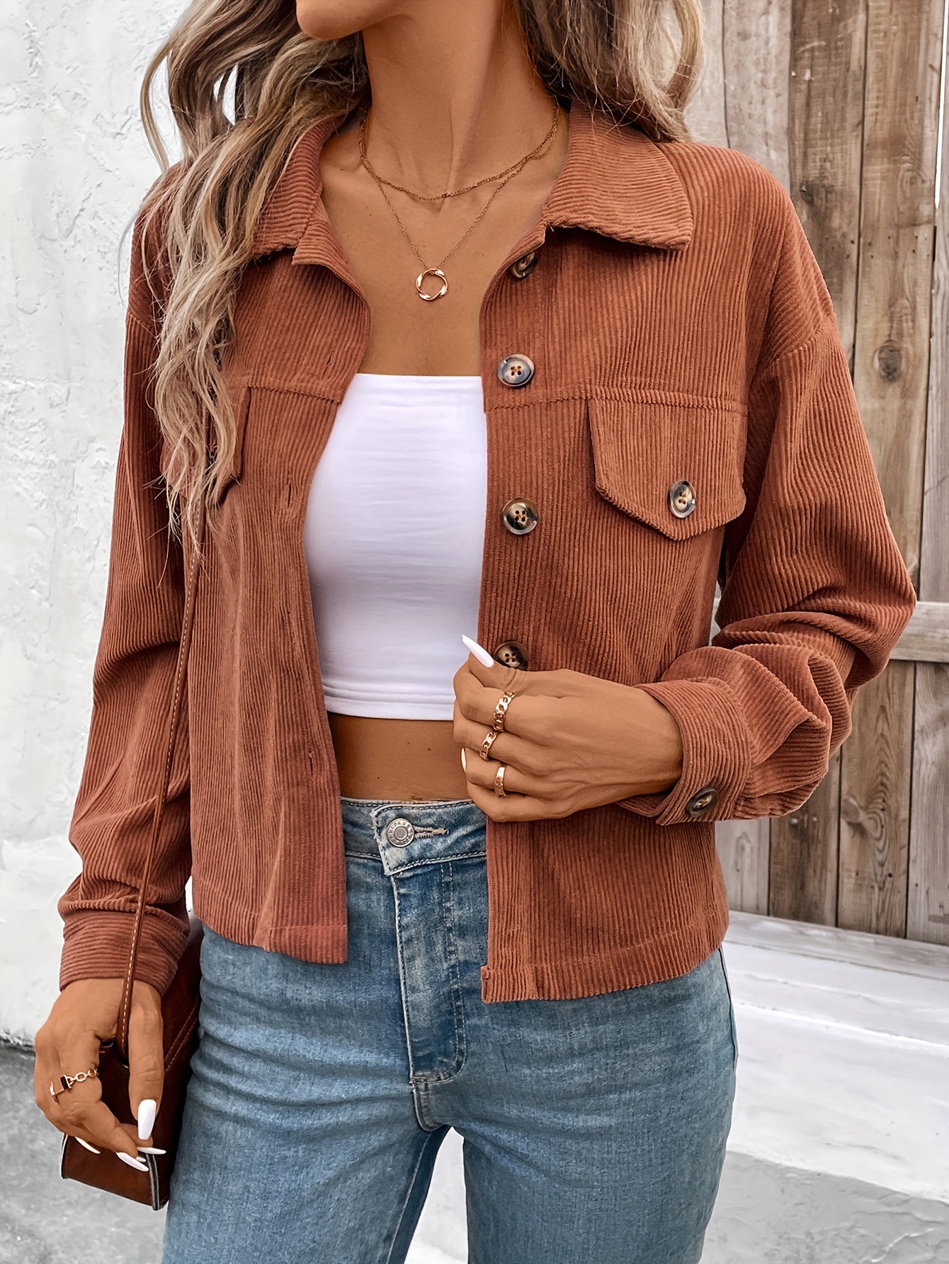 solid color button front jacket casual long sleeve jacket for spring fall womens clothing details 5