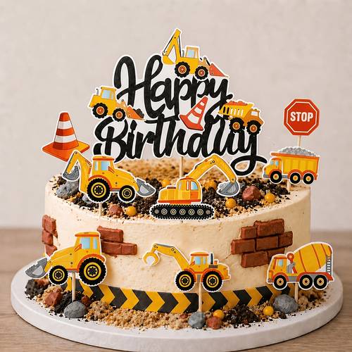 17-teiliges geburtstagskuchen-set mit baufahrzeug-motiven, mit bagger, bulldozer- und kipplaster-designs, für geburtstagsfeiern, cupcake-dekorationen und dessert-dekoration