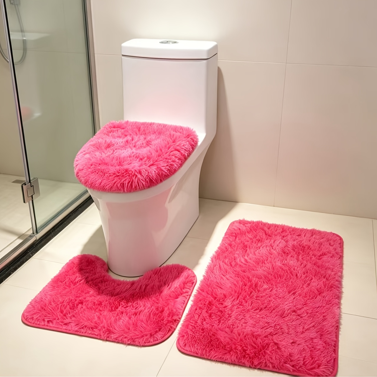TEMU Juego de 3 alfombras de baño suaves y antideslizantes, material de poliéster, color liso, alfombras de baño de terciopelo aptas para bañeras,