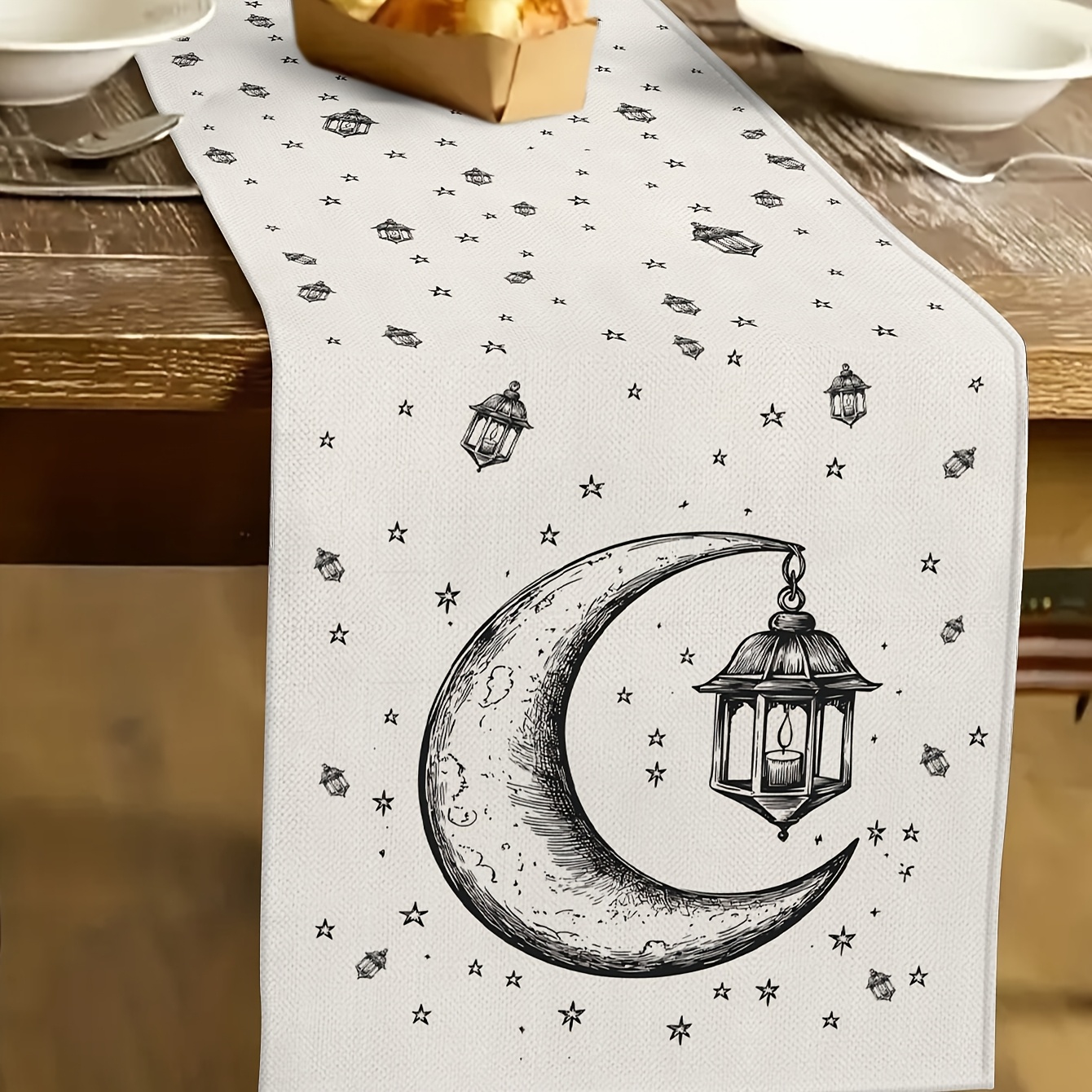 

1pc Elegant Polyester Table Runner With & Lantern Design - Ramadan & Eid , Rectangular Woven Tablecloth With Star Accents, Ideal For Home & Party Decor