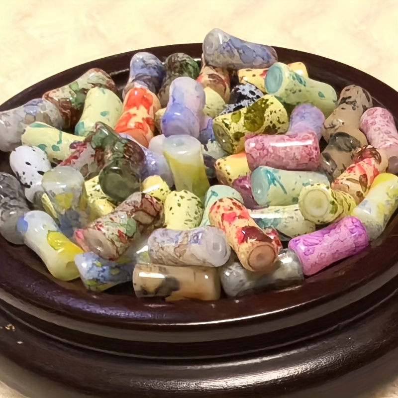 Image of A Set Of 50 Elegant Glass Beads - 12mm Ink-patterned Bamboo-shaped Beads For Jewelry Making, Diy Bracelets, Necklaces, Clothing, And Craft Accessories