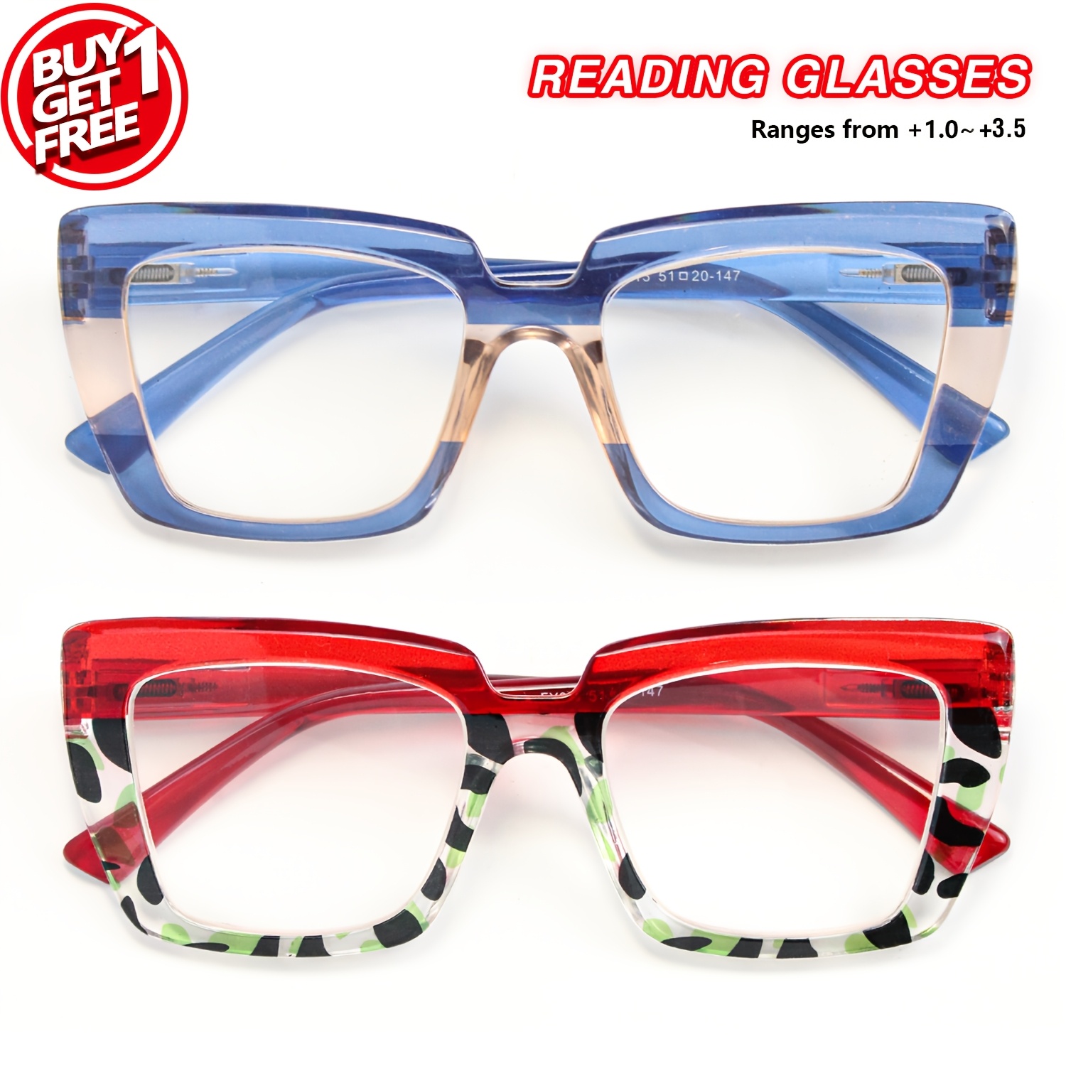 2pcs Cat Eye Large Frame Reading Glasses with Spring Hinges