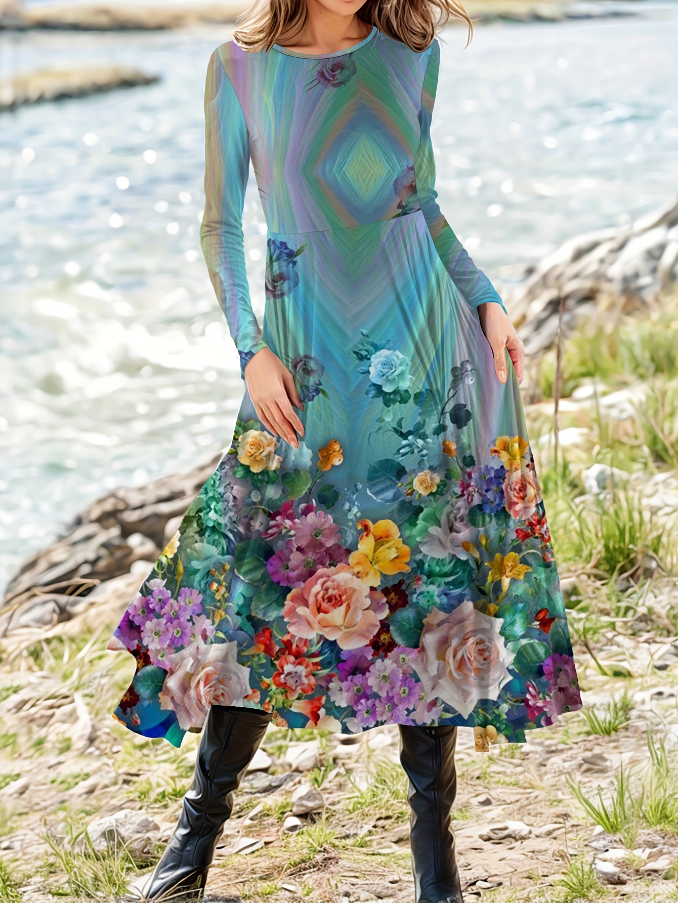 Vestido largo de larga con estampado floral, vestido midi casual para y  otoño, ropa de