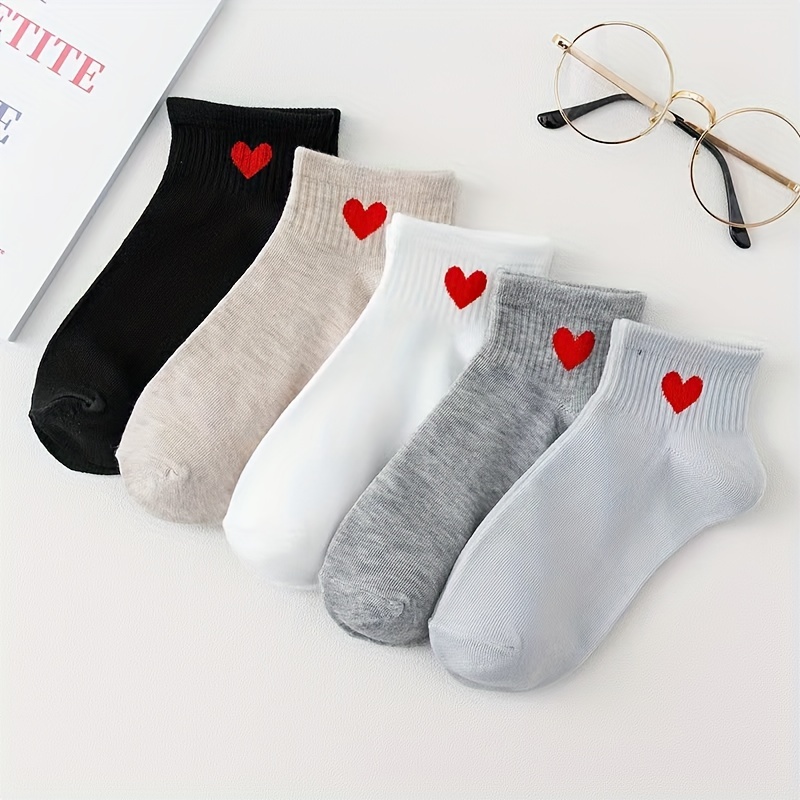 

5 Pairs Casual Love Heart Pattern Thin Ankle Socks, Comfy & Breathable Short Socks, Women's Stockings & Hosiery