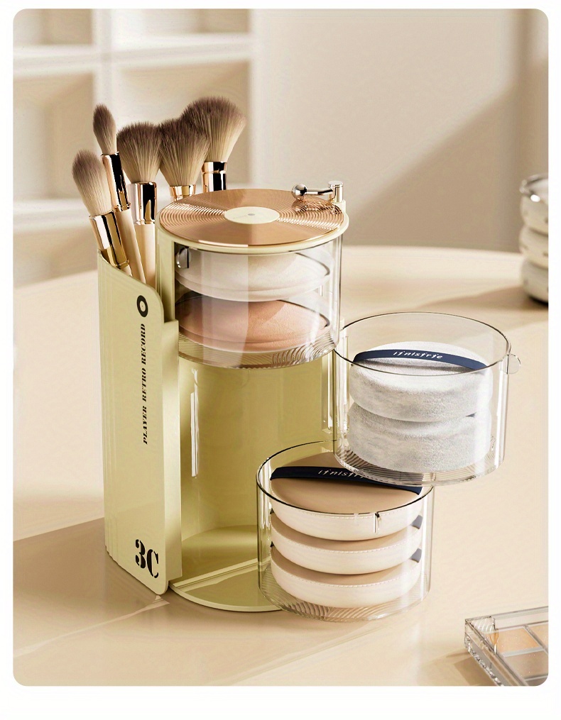 luxury 3c rotating makeup brush puff storage box dustproof multi layer design independent   desk organizer for dressing table bathroom office home use countertop mounting no electricity needed countertop organizer sleek aesthetic durable plastic makeup storage organizer makeup organizer for vanity Product details 13