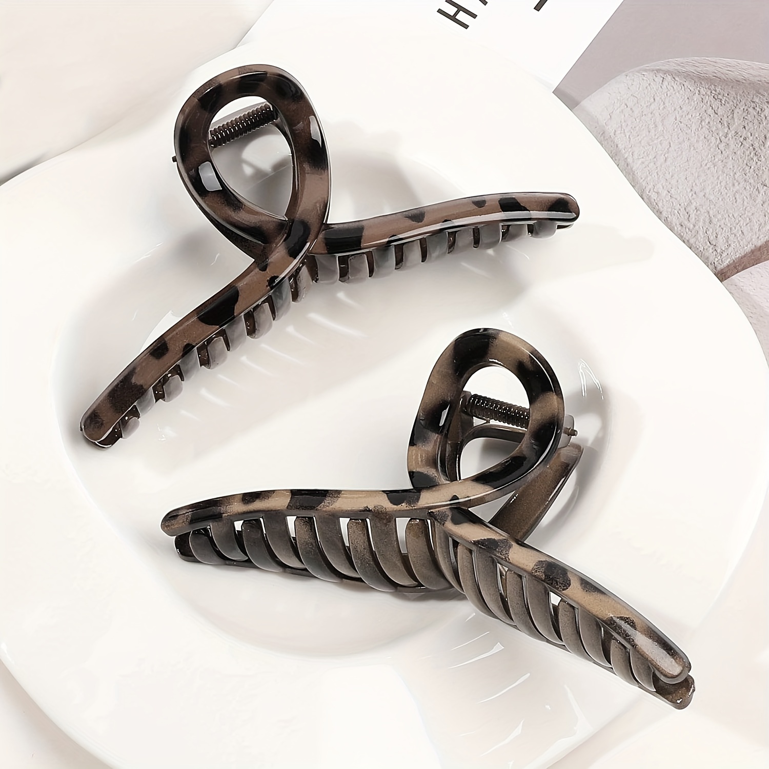 2pcs Plastic Leopard Print Hair Claws Set - Elegant Minimalist , Large Crossover Hair Clips For Adults, Accessories For &