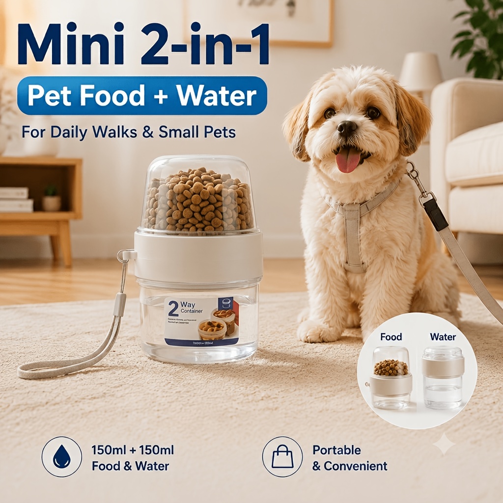 1  in 1 portable pet travel feeding cup double layer split design 150ml 150ml pet food water container with hand strap transparent treat storage compartment for cats small dogs puppies for daily walking park trips pet training snacks Product details 0