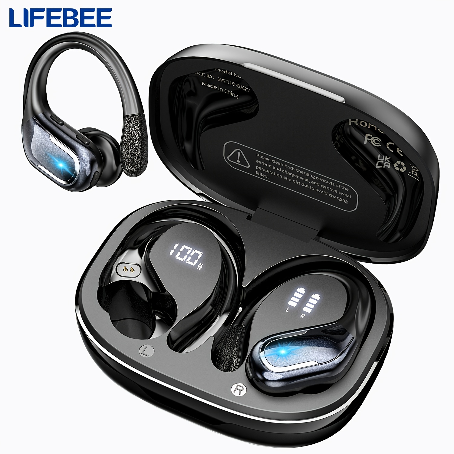 Lifebee New Wireless Earbuds For Running Sports, Wireless Earphones With Earhooks Pure Sound, Over-ear Headphones With Dual-led Display, Headset With Built-in Microphone