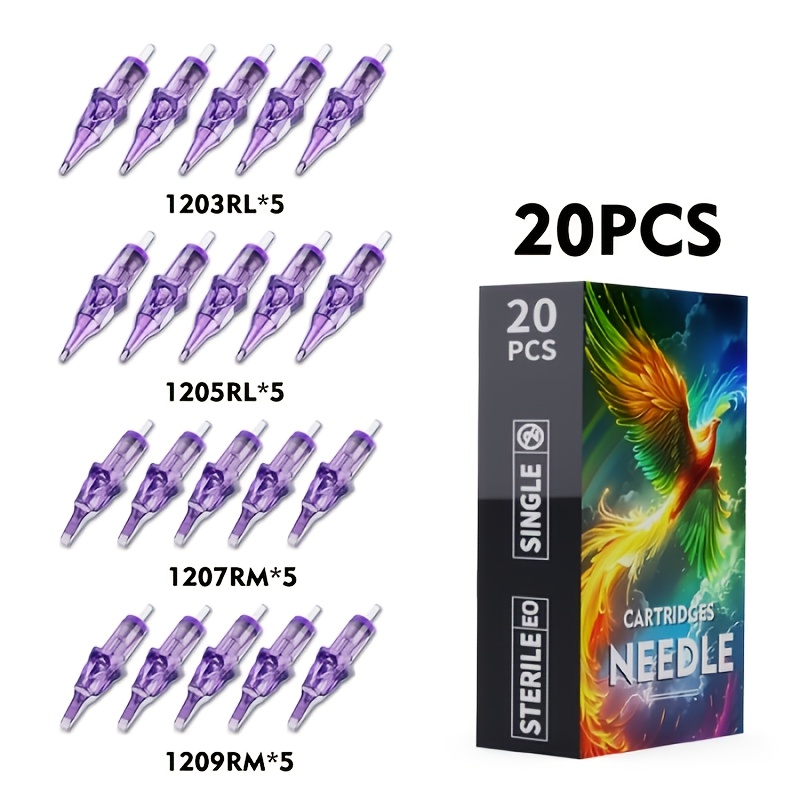 TEMU 20-pack Tattoo Needle Set, Professional Disposable Round Liner And Round Shader Tattoo Needles, Including 1203rl/1205rl/1207rm/1209rm 4 Models,