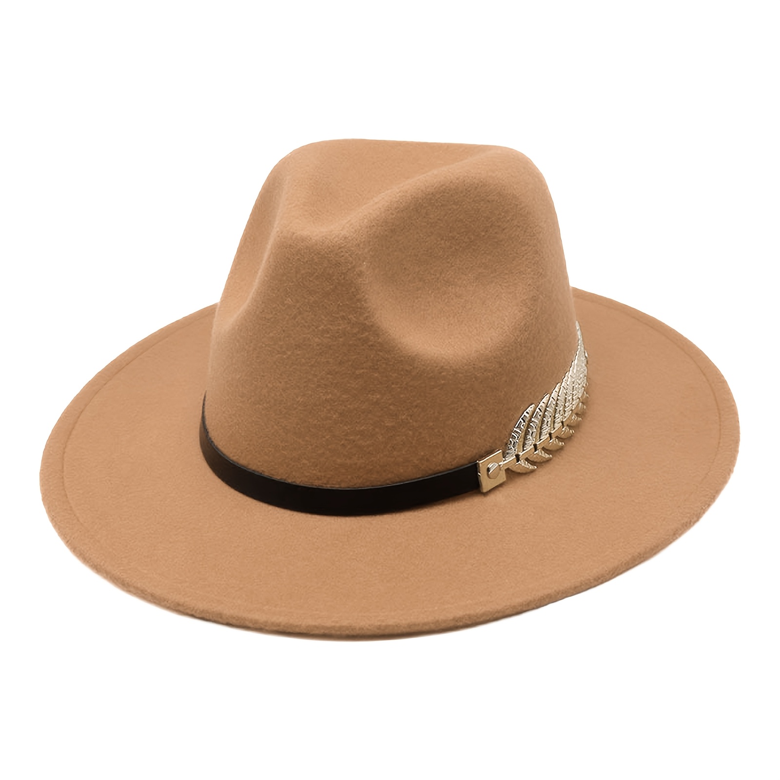 Men's Flat Brim Felt Hat With Golden Herringbone Embellishment: Elegant Wide Brim Hat - Suitable For Casual And Formal Styles