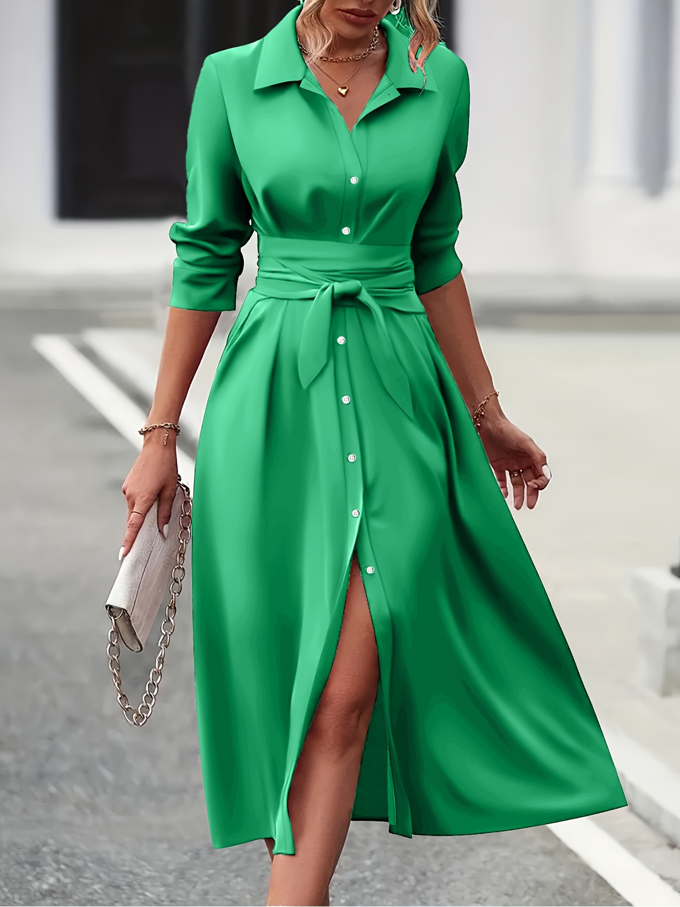 womens elegant black long sleeve button up shirt dress with tie waist and collar   spring summer fall polyester fabric shirting style solid   casual attire sleek formal attire polyester dres