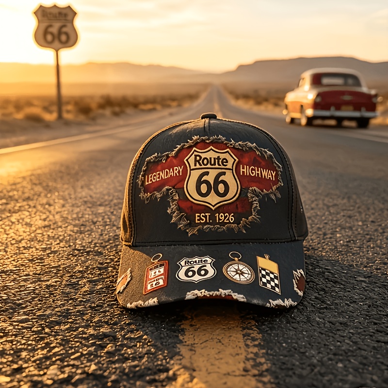 TEMU Vintage-style Distressed Baseball Cap, Unisex, Highway 1926 Printed Trucker Hat, Vintage Washed And Distressed -style Dad Hat, Motorcycle Rider
