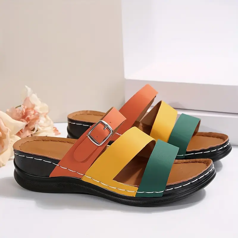 womens colorblock slide sandals stylish summer with thick sole slip and adjustable strap in orange green yellow and black strappy sandals details 6