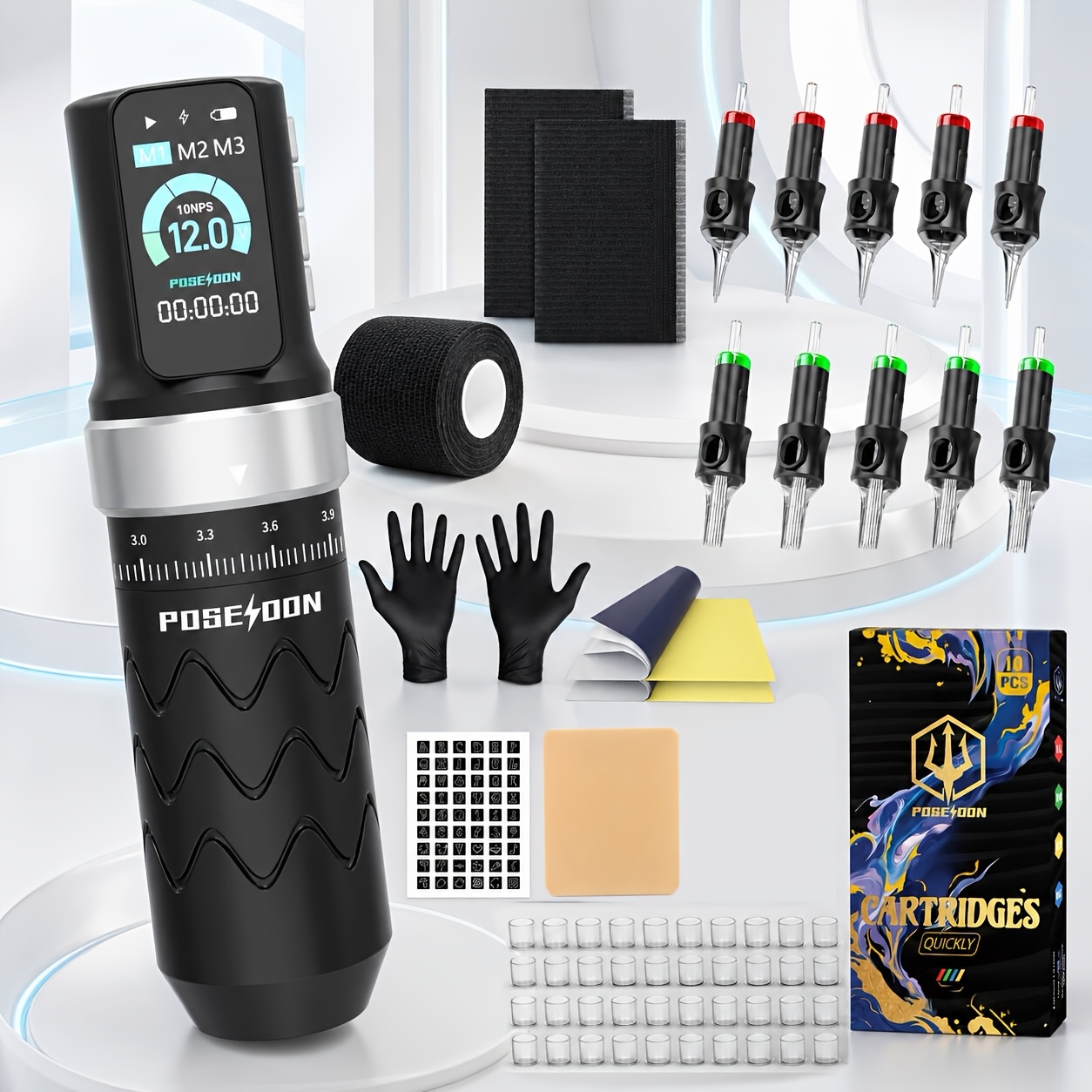 Image of Poseidon Wireless Tattoo Pen Machine Kit, Full Tattoo Accessories Set With Cartridge Needles, Practice Skin For Beginners