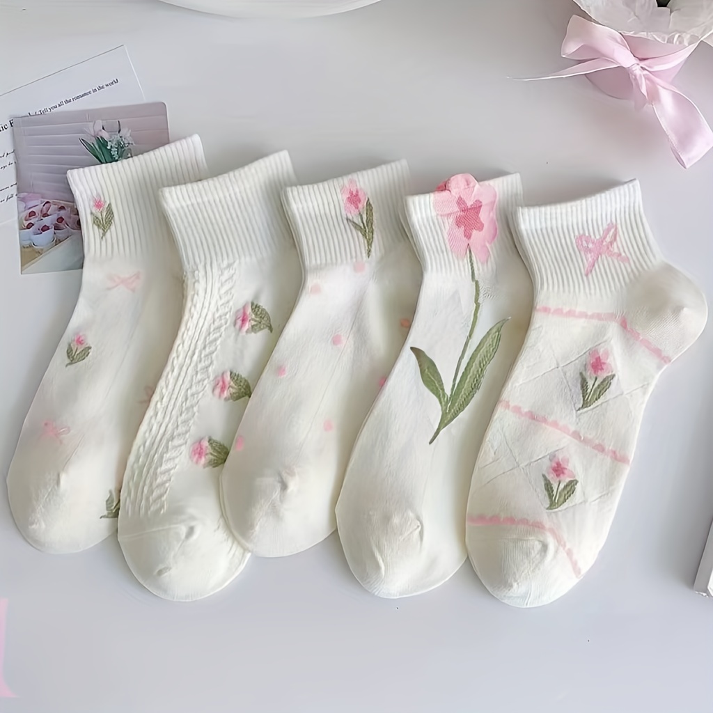 

5 Pairs Tulip & Bow Print Socks, Sweet & Cute Short Socks, Women's Stockings & Hosiery For Fall For Fall