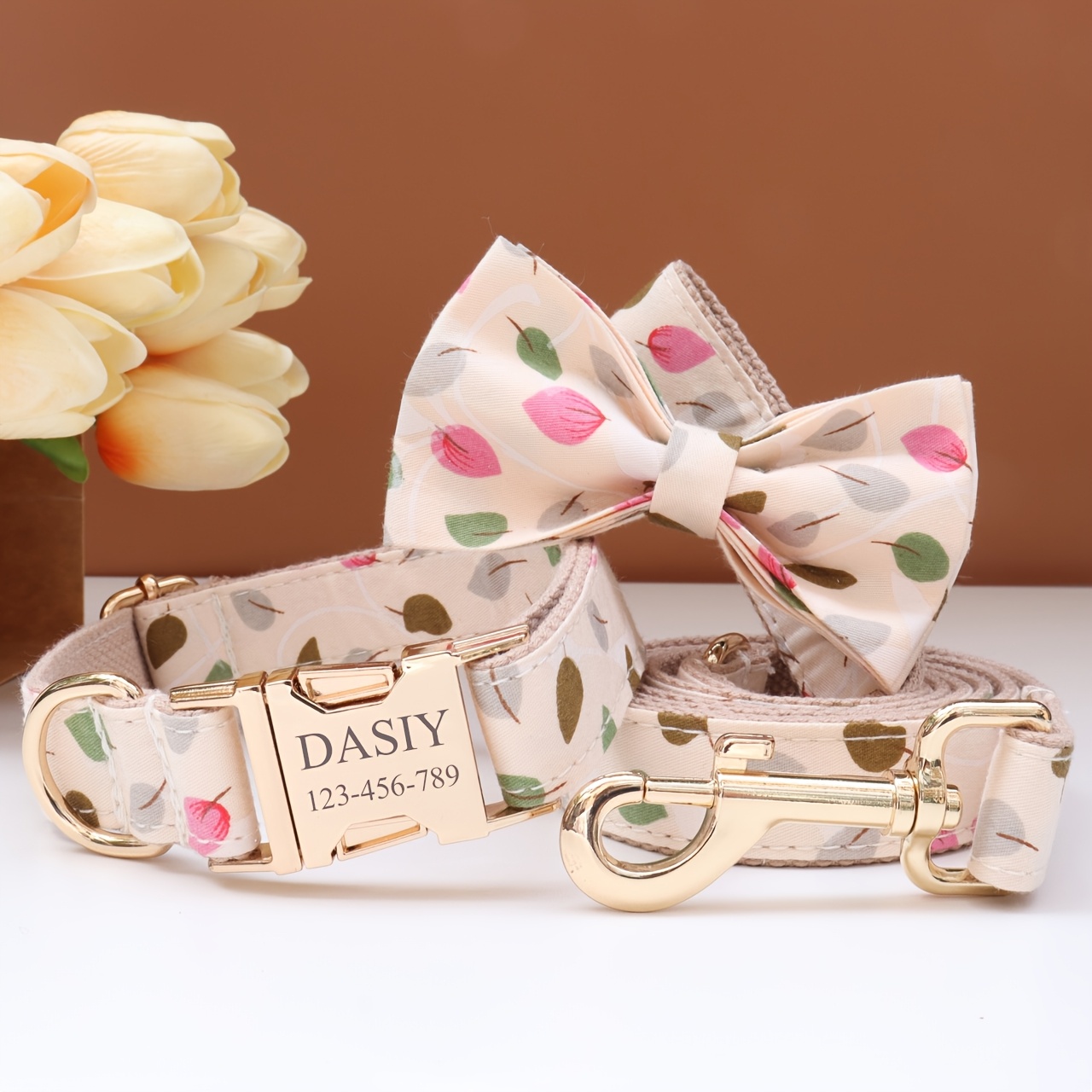 Custom Pastel Dog Collar and Leash Set with Bow