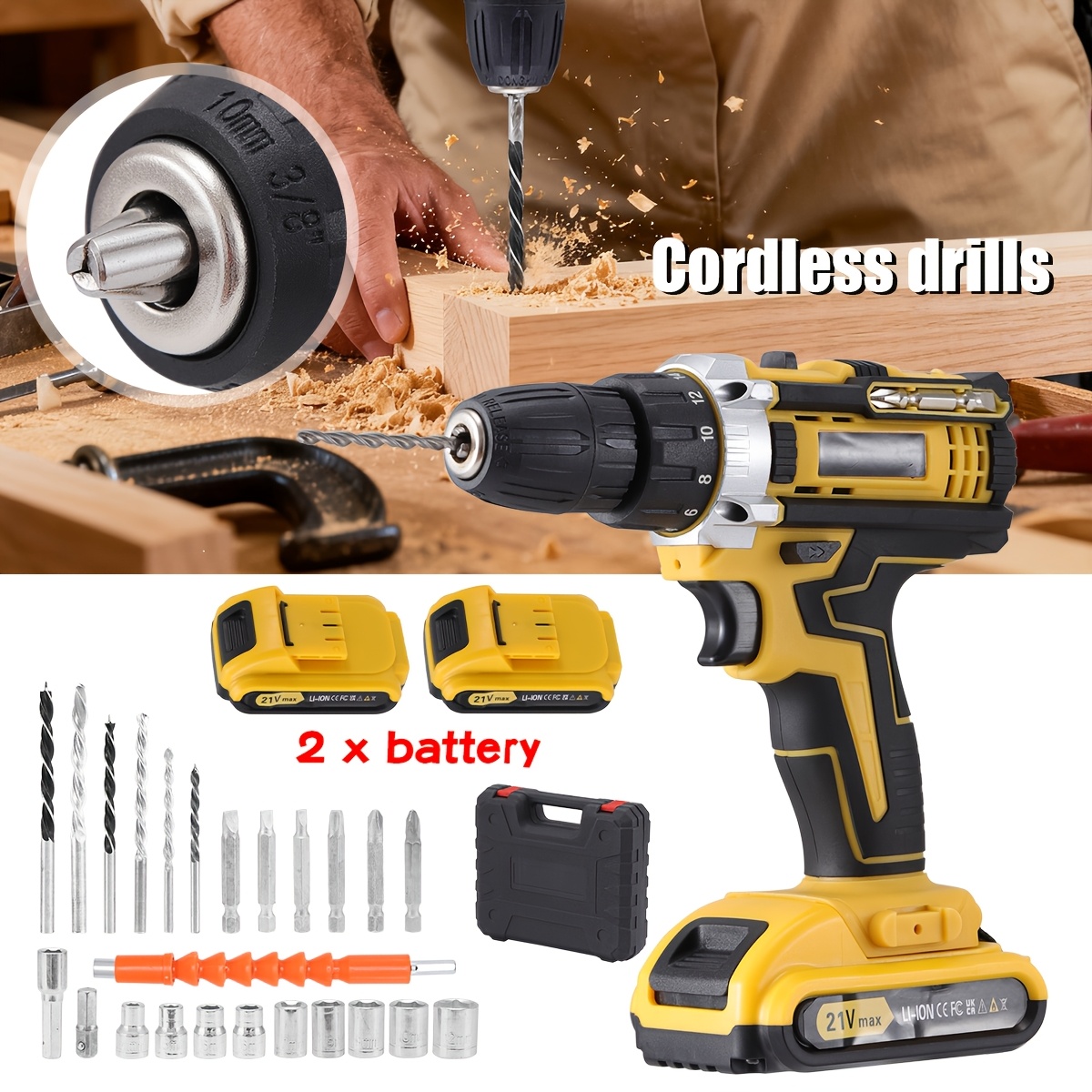 TEMU Cordless Hammer Drill Set, 21v Impact Drill Driver And Screwdriver Set With 2 Batteries, 25+3, 10mm Heavy Duty Drill Chuck, 2 Battery Drill Set