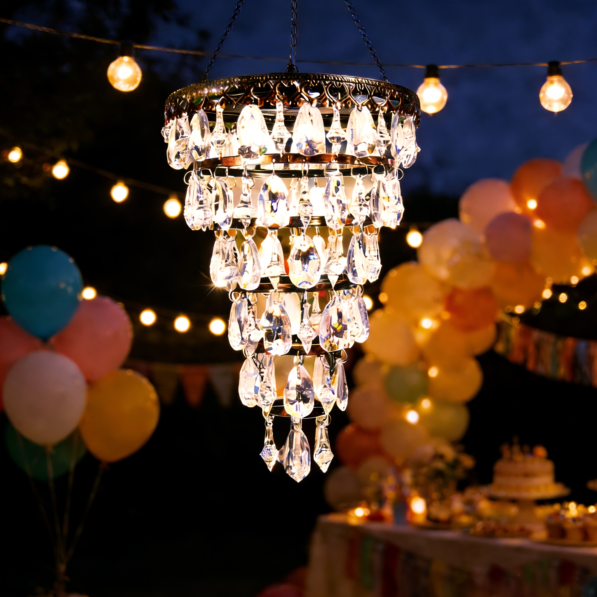 Solar Hanging Crystal Chandelier | Outdoor Garden Decorative Lights with 54 Warm White LEDs, Waterproof, Lithium Battery Powered, for Garden, Yard, Patio, Gazebo, Party, Wedding