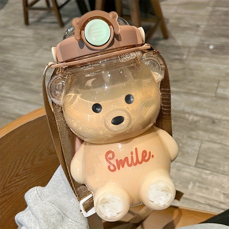 1pc 34oz/1000ml Cute Bear Handheld Water Bottle, Large Capacity Plastic Water Jug With Straw, For Milk, Tea, Etc