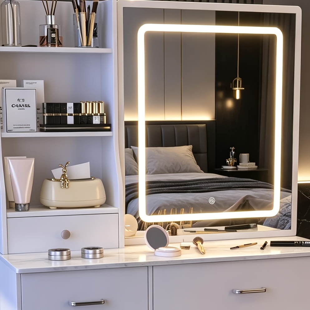 TEMU Tocador con taburete, espejo, cajones y luces LED