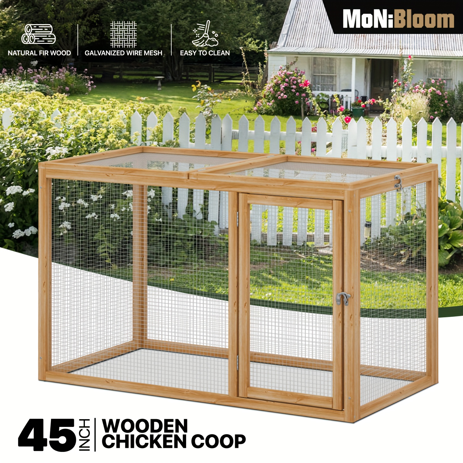 

45" Chicken Coop Rabbit Hutch, Wooden Hen House Duck Coop, Small Animal Poultry Cage Outdoor With Openable Roof And Side Door