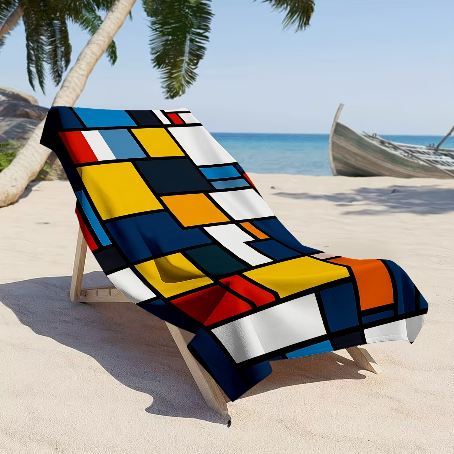 TEMU 1/2pcs Style Oversized Beach Towel Suitable For Bath, Pool & Picnic - Quick-dry Microfiber Bath Towels With Iconic Geometric Color Block Print,