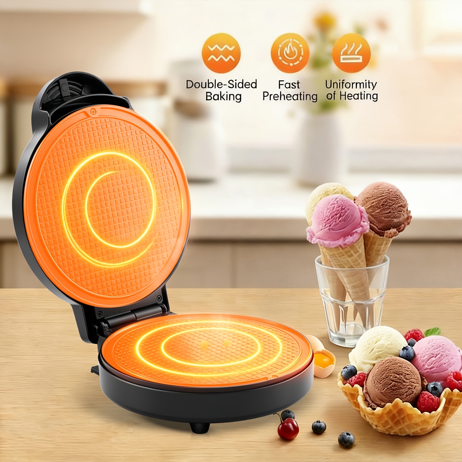 TEMU Machine à Électrique 1000W Antiadhésive Chauffante pour Cornets à Glace, Machine à , Plat de Cuisson à et à Roulés aux Œufs Croquants avec