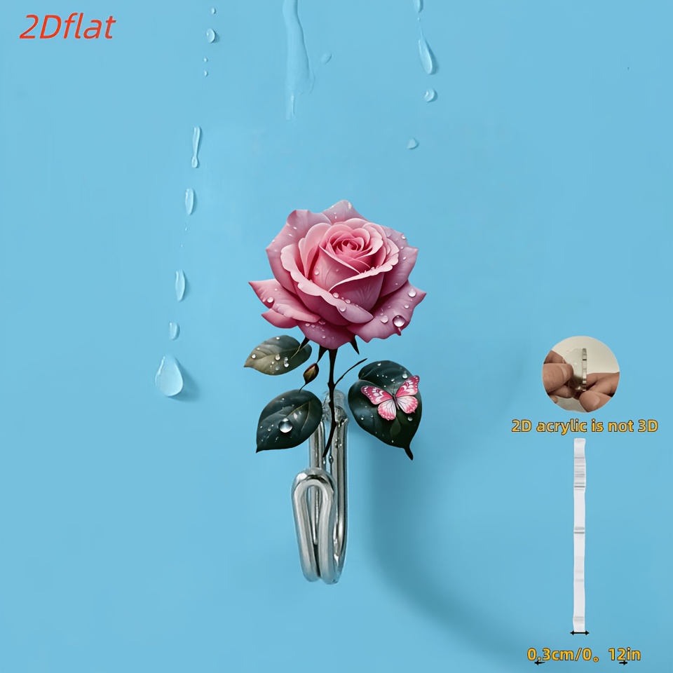 TEMU Gancio a croce 2D piatto 1 pz con bellissima rosa e in acrilico - Senza foratura, adesivo forte e gancio da bagno, facile da installare, design