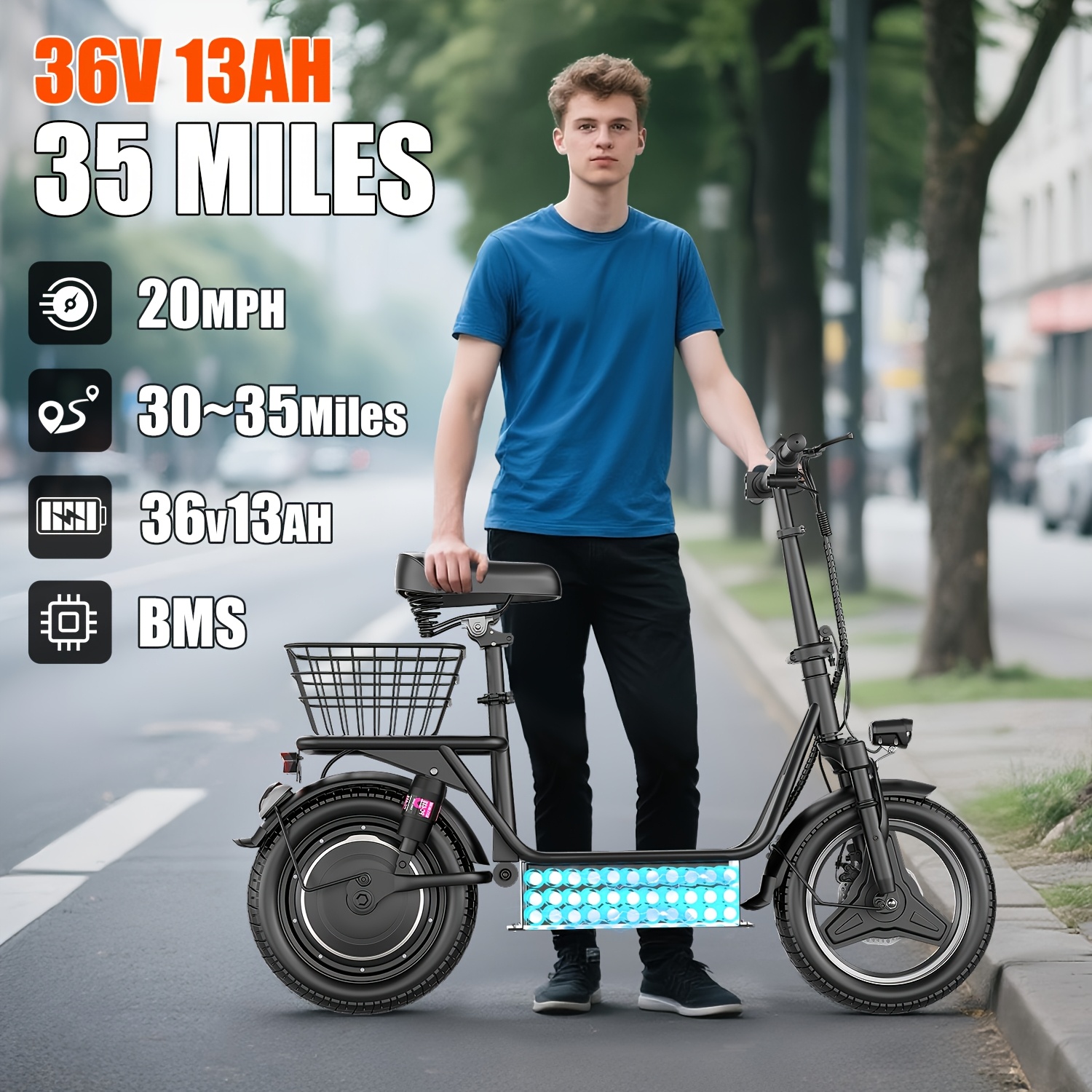 AZHAR Electric Scooter For Adults With Seat - 500W Motor, Up To 25 MPH, 20-30 Mile Range, 36V/48V Battery, 14" Tires, Foldable, UL 2272 Certified