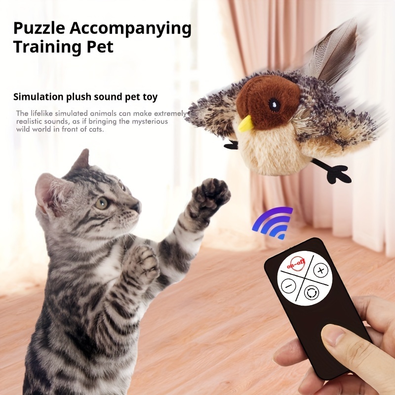 36V Max Voltage USB Rechargeable Interactive Cat Toy, Realistic Sparrow Sound Plush with Remote Control, Soft Cartoon Pattern Polymer Battery