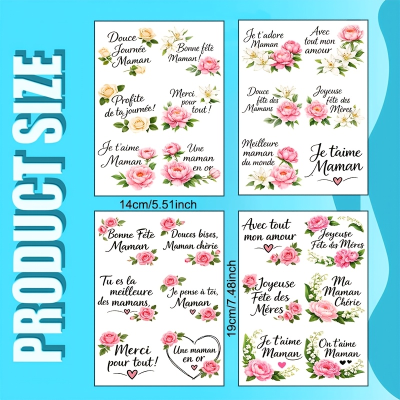 TEMU Fête des Mères Française Roses 4pcs Vinyle UV DTF Transfert - Convient pour , Tasses, Ordinateurs Portables Et Bouteilles D'eau, Papier de