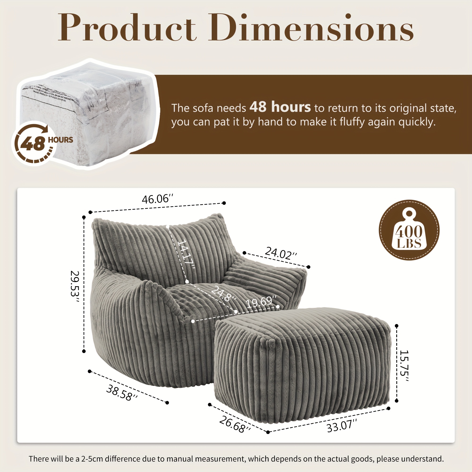 living giving giant plush bean bag chair with footstool for adults with armrests oversized comfy beanbag lounge lazy floor sofa chair for living room bedroom restaurant dorm cozy fluffy single cloud mini couch details 2