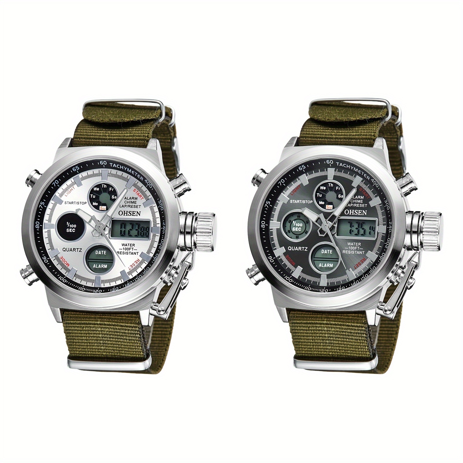 mens army green quartz watch - Temu Men\'s All Green Analog Quartz Rubber Strap Military Waterproof LED Digital Watch main image 0