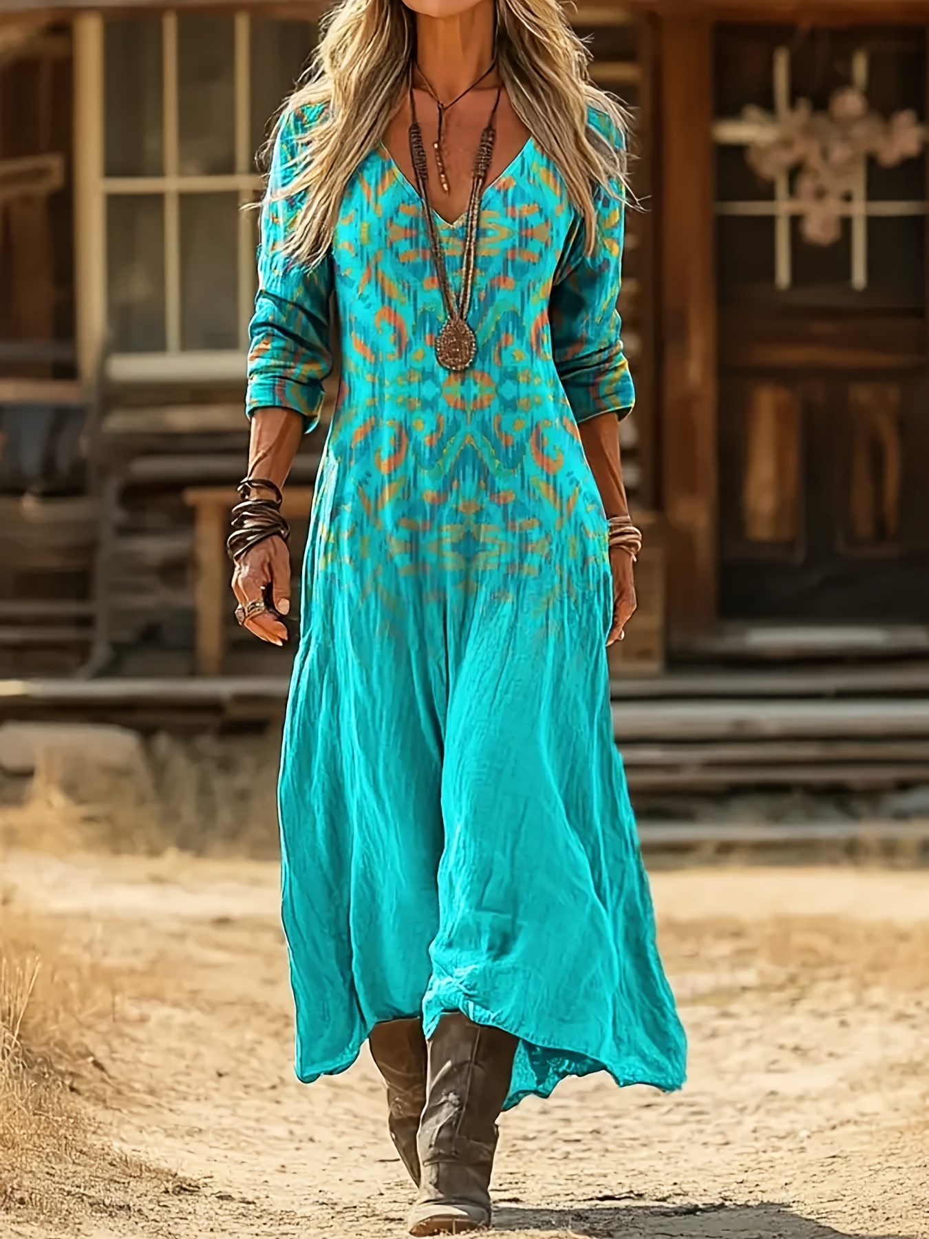 womens retro ethnic print long sleeve v neck dress casual