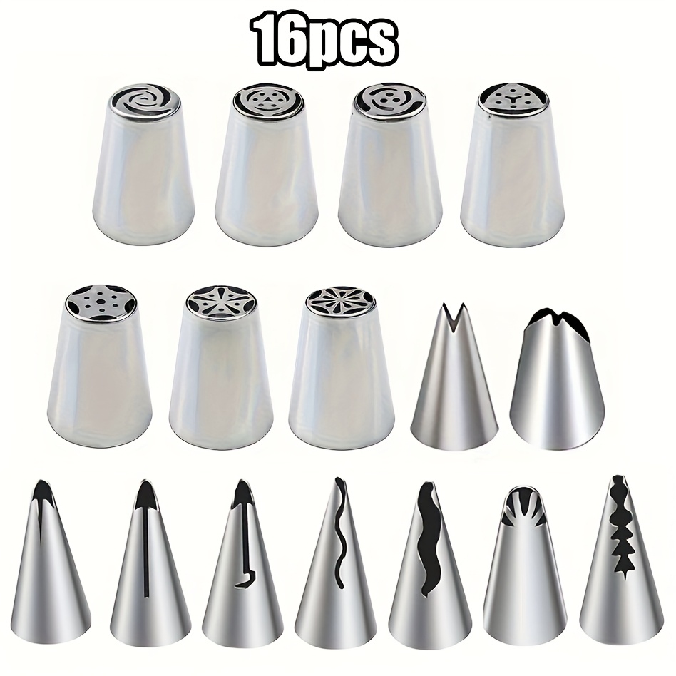 Image of 16pcs Set Of 1pc Molded Stainless Steel Piping Nozzles, Complete Assortment For Baking Cakes, Flower And Leaf Piping Tips, And Cream Decorating Tools For Edging And Piping