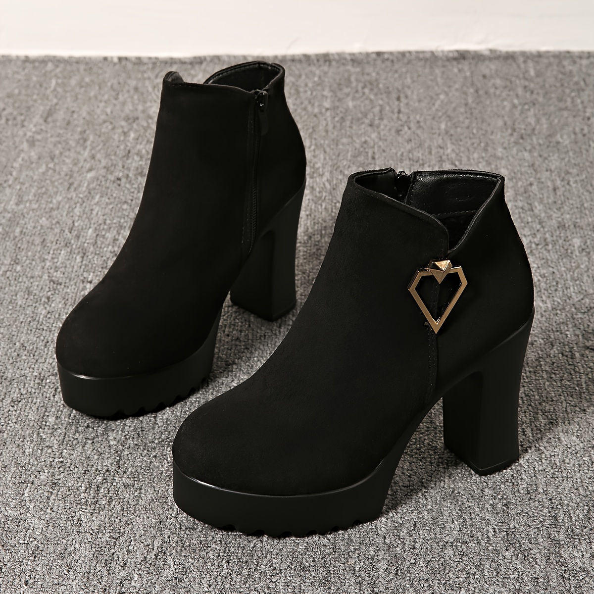 Women's Short Boots with Chunky High Heels and Side Zipper