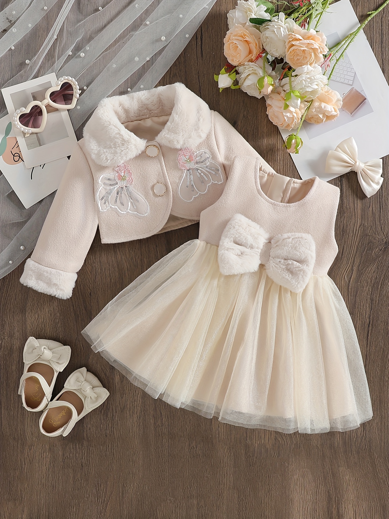 Baby clothing, girls' clothes, baby clothes, back-to-* gifts for baby  girls, autumn and winter cute warm coat and bow dress, two pieces  versatile