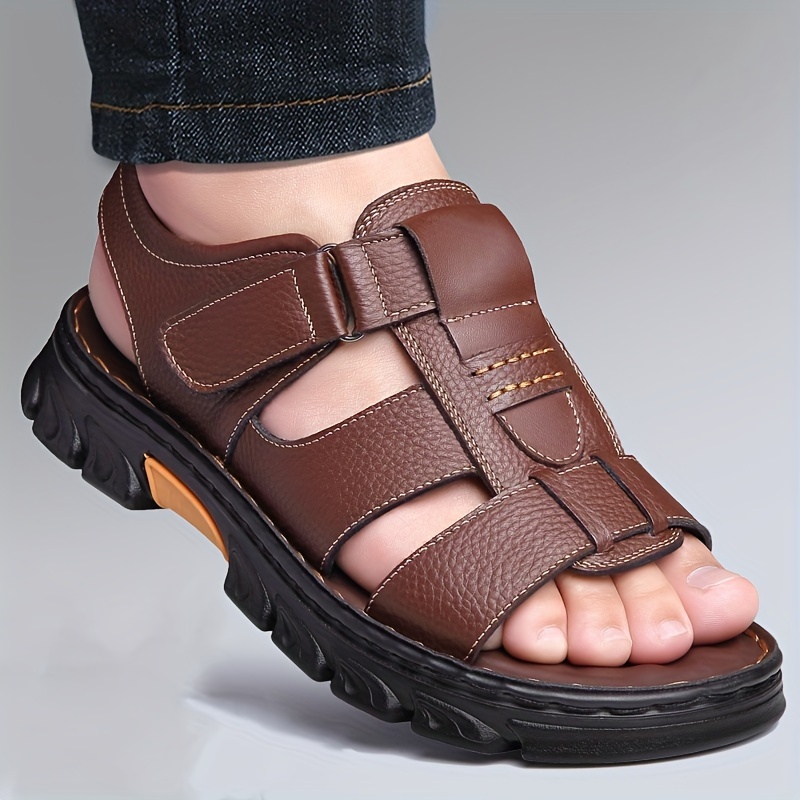 

Men's Vintage Solid Colour Open Toe Breathable Top Grain Cow Leather Sandals, Comfy Non Slip Casual Beach Water Shoes For Men's Outdoor Activities