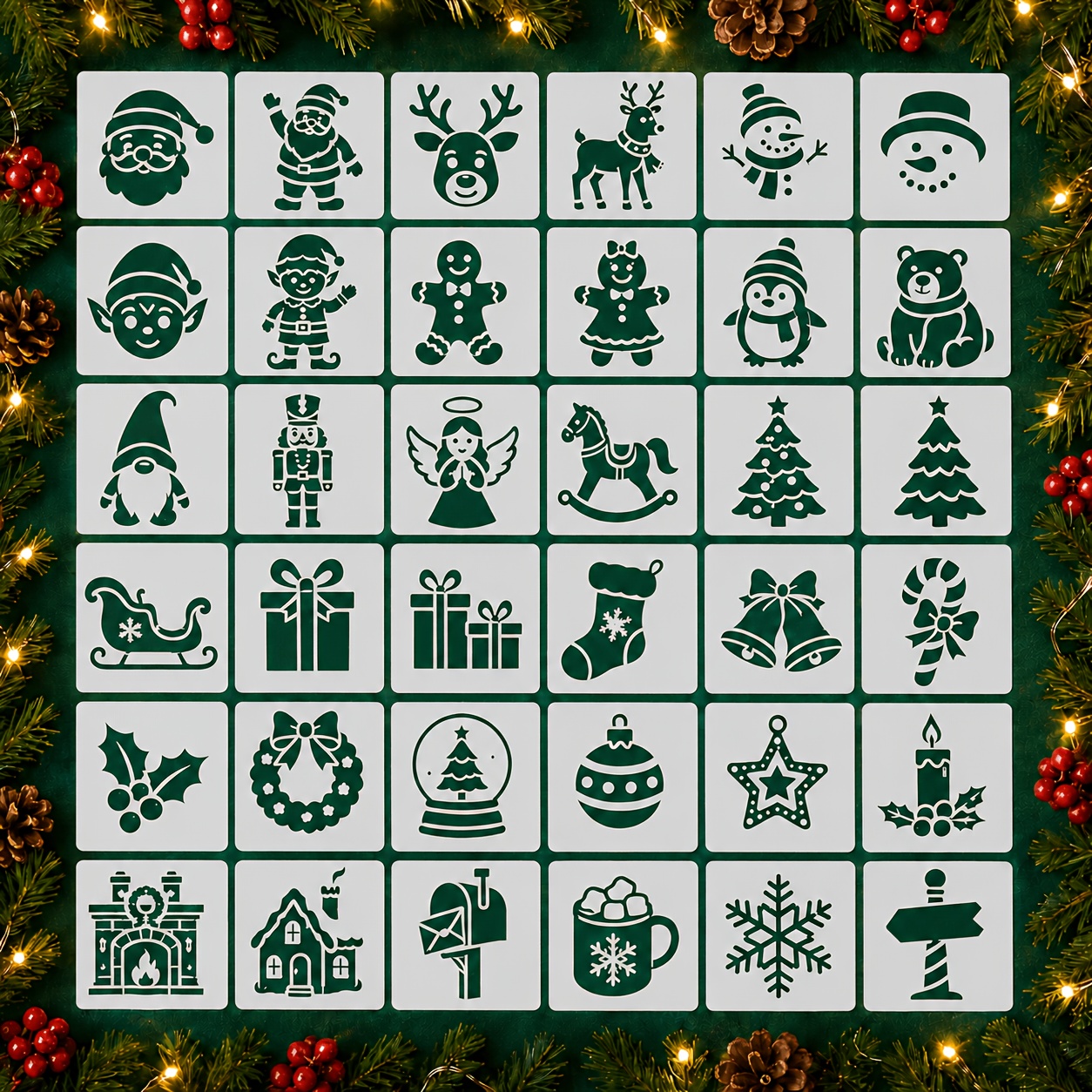TEMU 36pcs Set Of Cartoon Christmas Painting Stencils, Featuring Santa Claus, Reindeer, Snowman, Gingerbread For Man, Christmas Tree, Snowflake, And